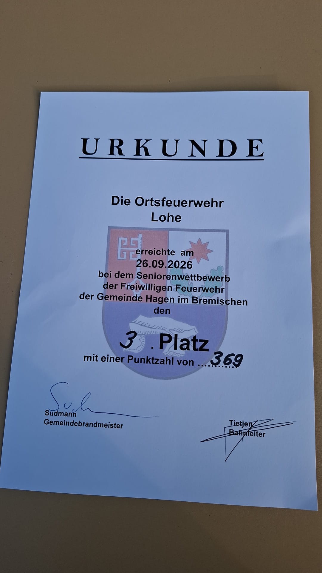 Urkunde: Ortsfeuerwehr Lohe, 3. Platz mit 369 Punkten beim Seniorenwettbewerb 2026